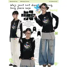 黒の長袖Tシャツ【ダルメシアンデザイン・ドルフィンラッキー瓶・スパンコール装飾】