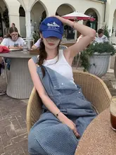 レトロスタイルのストライプデザインデニムサロペットパンツ【広めのポケット・女性用】