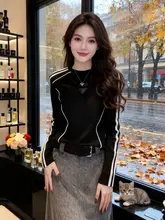 肩線入りストライプ柄長袖Tシャツ【女性用・コットン・大きいサイズ・スリムフィット】