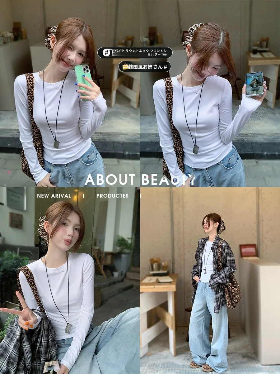 春用 女性用グレー長袖Tシャツ【白色のフィット感とスリムなデザイン】
