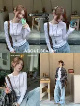 春用 女性用グレー長袖Tシャツ【白色のフィット感とスリムなデザイン】