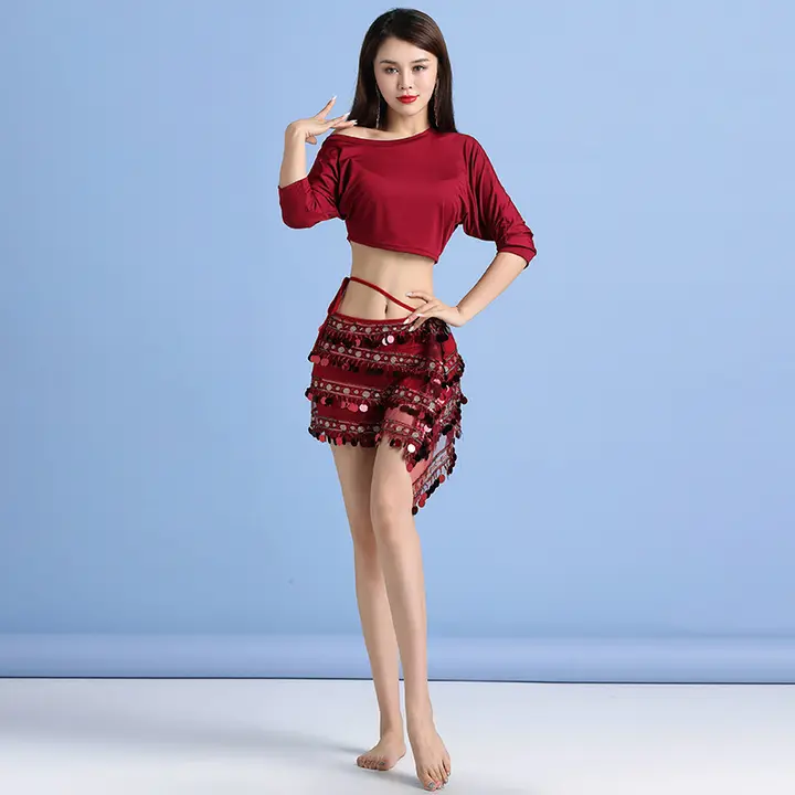 春夏用のビーズ付き短スカート ヒップホップダンス衣装【初心者向け・東洋舞踊演出用・練習着】（セットアップ対応）