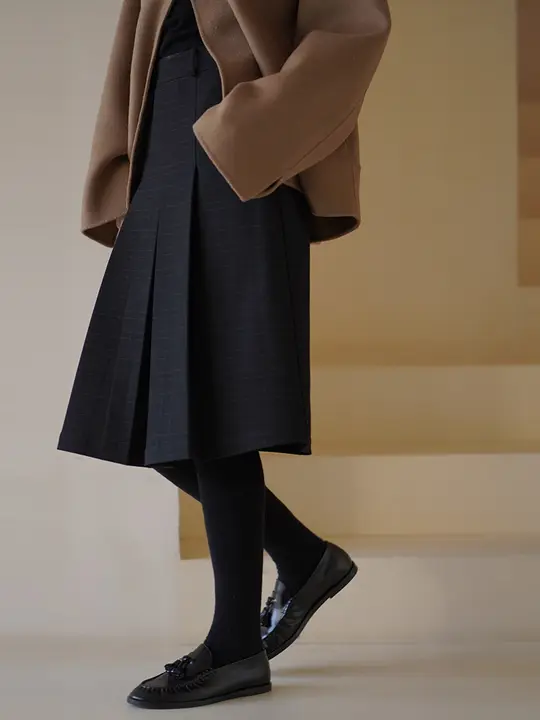 ハーチ・シア・北欧風チェックプリーツスカート【ハイウエスト・スリムシルエット・通勤用】