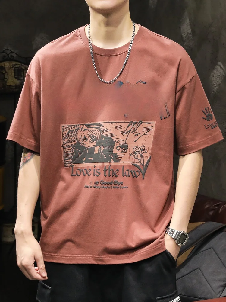 アメリカンヘビー半袖 Tシャツ 夏アニメプリント：几何パターンの青春流行スタイルを実現