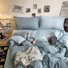 シンプルな2色使いのウォッシャブルコットン4点セット【ベッドシーツ・カバー付き・学生寮用】