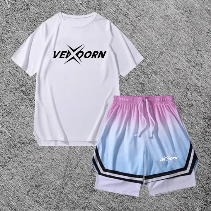 男士用 バスケットボールTシャツ【ショートスリーブ・速乾・トレーニング用・グラデーション短パン】（セットアップ対応）