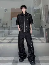 個性的なデザイン！ボタン装飾ショートスリーブ薄手デニムジャケットとワイドパンツ（セットアップ対応）