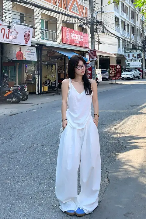 白色のワイドレッグパンツ【夏用・ハイウエスト・フィット・透け防止】