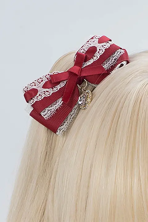 手作りリボンハートチャーム付きヘアクリップ【可愛いロリータ風・ツインテール用・極上の柔らかさ】（セットアップ対応）