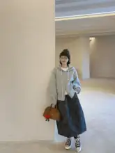フレンチスタイルのヴィンテージグレー可愛いワイドパラソルスカート【冬用・厚手・ウエストゴム・ロングスカート】