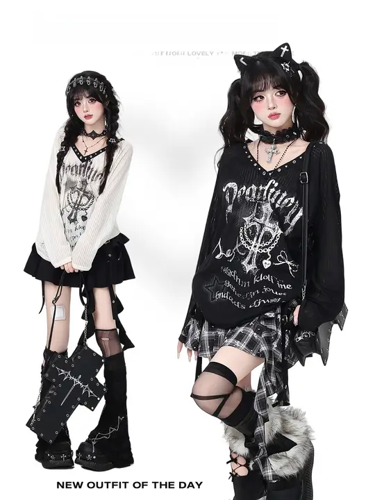 ユニークデザインのVネック長袖Tシャツ【春秋用・フィット】