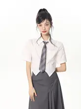 SHIYIYUE 白シャツ レディース 半袖 リボン付き JKスタイルカジュアルトップス【夏用・ショート丈】