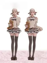 少女向けカジュアル小熊デザインニットトップス【薄コーヒー色・リボン付き】とカフェ色ケーキスカート（セットアップ対応）