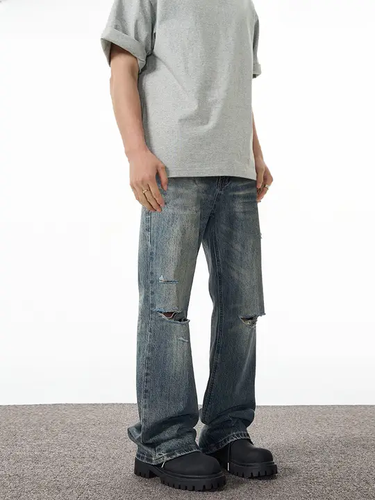 NOW3 メンズヴィンテージ風ウォッシュドデニムパンツ【ストレート・フレア・スリムフィット】