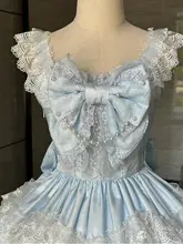 ブルー昭和スタイルロリータドレス【ドレス風・吊り紐・華やか花嫁用】