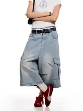 水洗加工のワークスタイルデニム七分丈パンツ【ユニセックス・アメリカンレトロ・ゆったりしたシルエット】