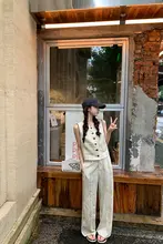 感のあるリネンルーズセットアップ【ノースリーブトップス・ワイドパンツ】（セットアップ対応）