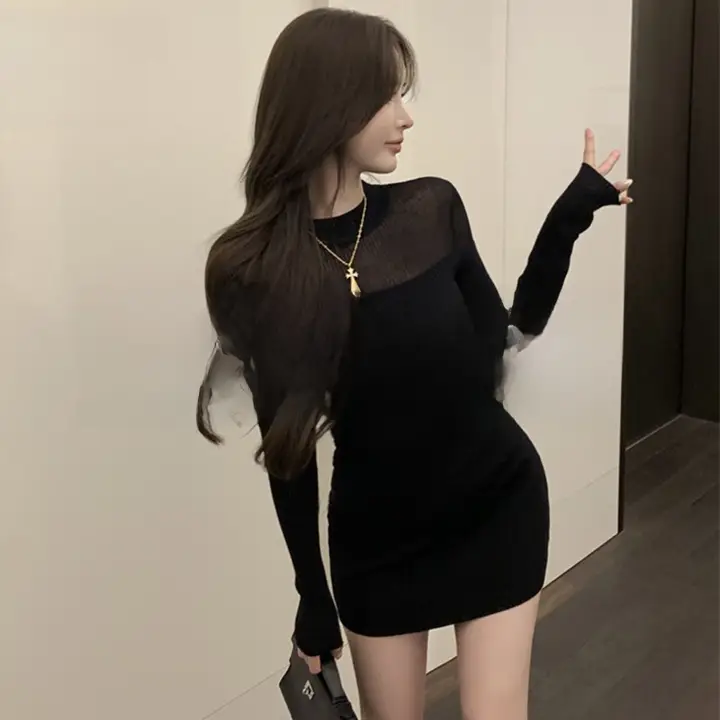 春用 長袖ニットワンピース【タイトフィット・ウエストマーク・大人っぽいデザイン】