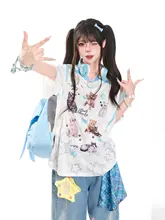 Tシャツ レディース 半袖 猫柄 Vネック ルーズ オーバーサイズ サブカル スポーティー 甘辛MIX 夏