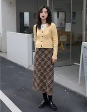 春用の麻花編みニットカーディガン【肩落ちデザイン・イエロー】