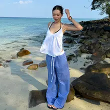 アメリカンビンテージ風 シンプルカジュアル デザイン吊り肩タンクトップ【女性用・夏向け・ルーズフィット】（セットアップ対応）