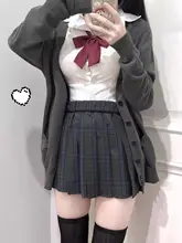 JK制服チェック柄スカート【学院風・半身・ニットカーディガン付き】（セットアップ対応）