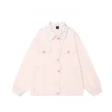 ピンクの小花柄デニムジャケット【春秋用・ゆったりデザイン・襟付き】（セットアップ対応）