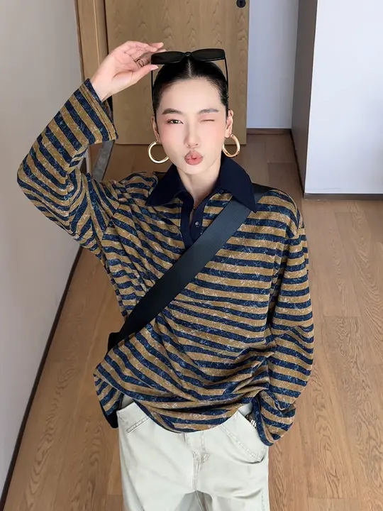 ボーダー柄POLOネック長袖スウェットシャツ【ゆったりフィット・カラーブロック】