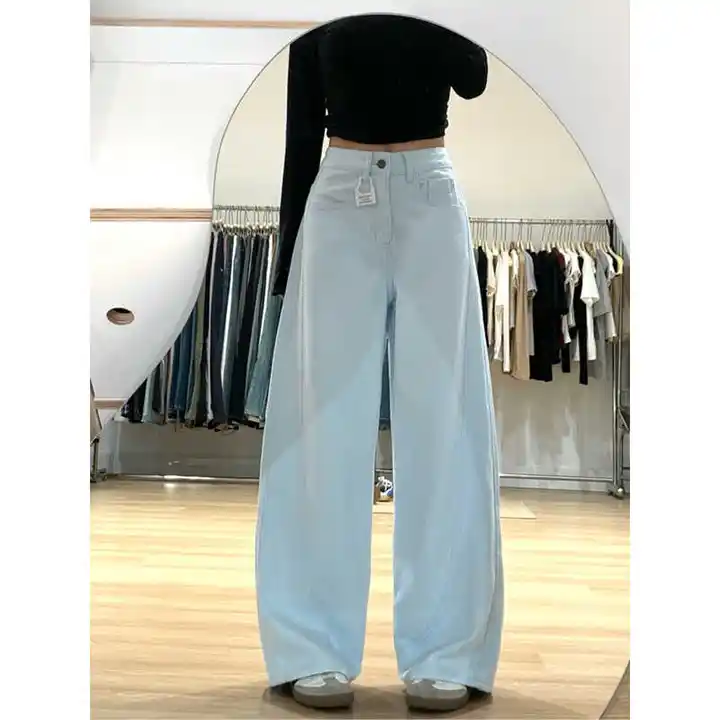 高身長用 ロング丈 スカイブルー ワイドレッグデニムパンツ【ハイウエスト・着痩せデザイン】