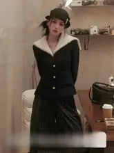 誉芝 羊毛混紡 ネイビー襟デザイン 秋冬用ダウンコート【温かい・ウエスト絞り】