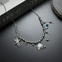 貝殻とヒトデのメタルタッセルネックレス【ビーズデザイン・セレブ感・個性的】