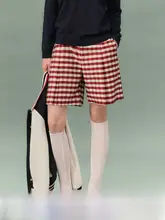 レトロチェック柄のゆったり五分丈パンツ【秋用・女性・ワイドレッグ・ルーズフィット】