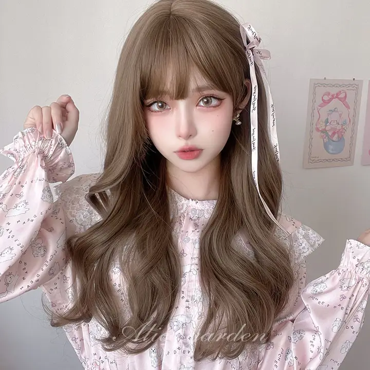 ロリータ風 ロングカールウィッグ【ナチュラルバング・リアルスカルプ・フルウィッグ】