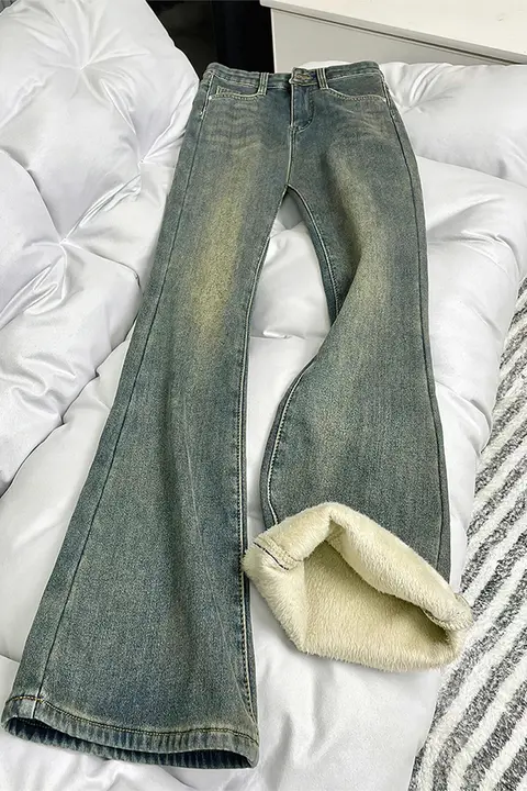 加圧効果のある冬用ヴィンテージ風ブルー微フレアデニムパンツ【ハイウエスト・ストレート】