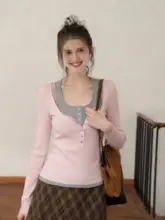 シンプルなデザインのピンク長袖Tシャツ【ヘンリーネック・女性用・フィット感】（セットアップ対応）