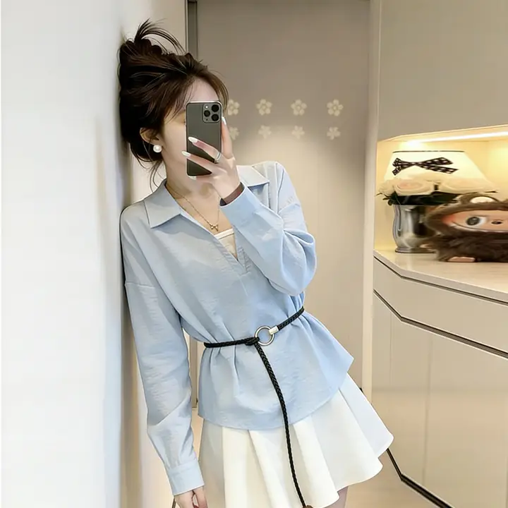 女性用長袖シャツ【特徴的なデザイン・ウエストシェイプ・秋用】（セットアップ対応）