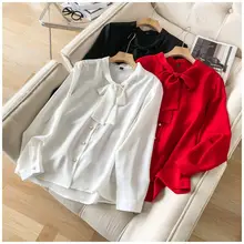 リボン付きカジュアル長袖ブラウス【春秋向け・大きいサイズ・シフォン素材】