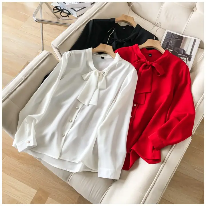 リボン付きカジュアル長袖ブラウス【春秋向け・大きいサイズ・シフォン素材】