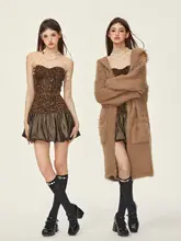 GirlyFancyClub 肌見せフラワーデザインタフタチュニックワンピース【ヒョウ柄・ポンポンスカート】