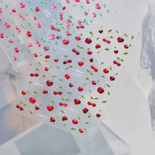 立体浮彫りの手描きカートゥーンデザイン ネイルデコレーション用シール【春季新作・チェリー・細かいラメ・明るい指先に】