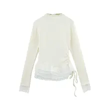 レースフリル付き長袖Tシャツ【白色・細身・秋冬用・重ね着対応】