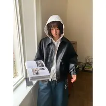 レトロ風白レース切替フード付き短丈長袖シャツ【春の散歩・女性用】