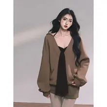 韓国風デザインのオーバーサイズカジュアルパーカーとタンクトップ・ショートパンツ【秋冬スタイル・女性用】（セットアップ対応）