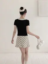 黒のドット柄バタフライリボン付きパフスリーブTシャツ【デザイン性・フィット感】