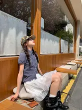 ブルー格子柄短袖ブラウス【パフスリーブ・レトロデザイン・女性用】