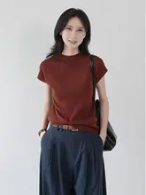 シンプルスタイルのハイネックニットTシャツ【女性用・短袖・柔らかい質感】