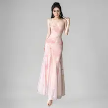 華やかなフラワーレースデザインのフィッ シュテールキャミソールドレス【女性用・ビーチスタイル・セクシー・ウエストシェイプ】