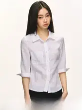 高級感あるデザイン！麻素材の中袖ブラウス【女性用・ウエスト絞り・白色】