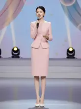 女子向けピンクのタイトスカート【ウエストフィット・フォーマル・演説・2点スタイル】（セットアップ対 応）