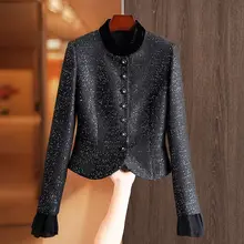 ブラックスパンコールのツイード風カーディガン【高級感・短丈・小柄向け】